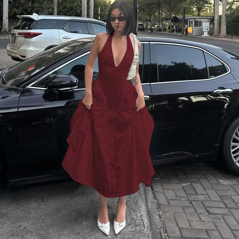Elegant Halter V Neck Backless Maxi Dress For Women