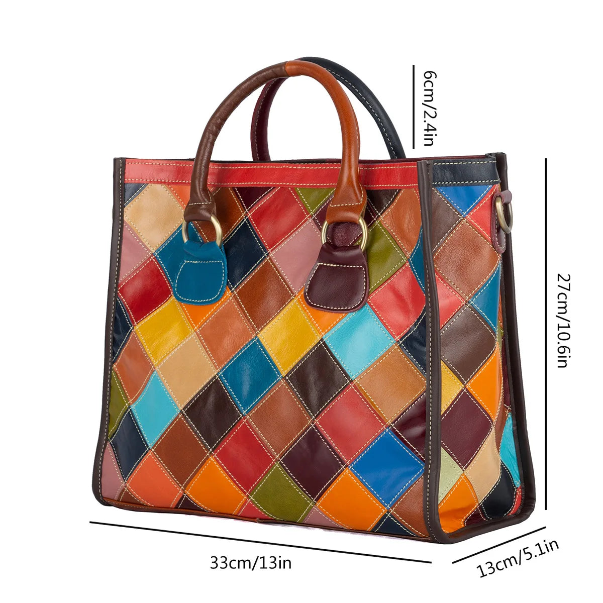 Genuine leather women's bag, ethnic style color contrasting design, large capacity tote bag, women's handbag
