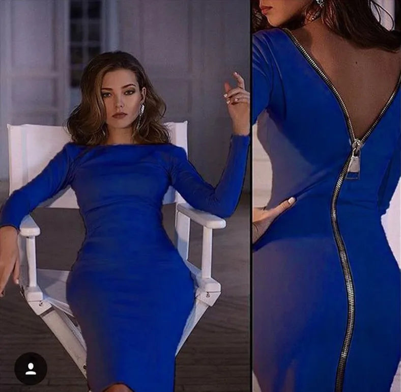 Solid Color Backless Zipper Hip Slit Slim Midi Dress for Women