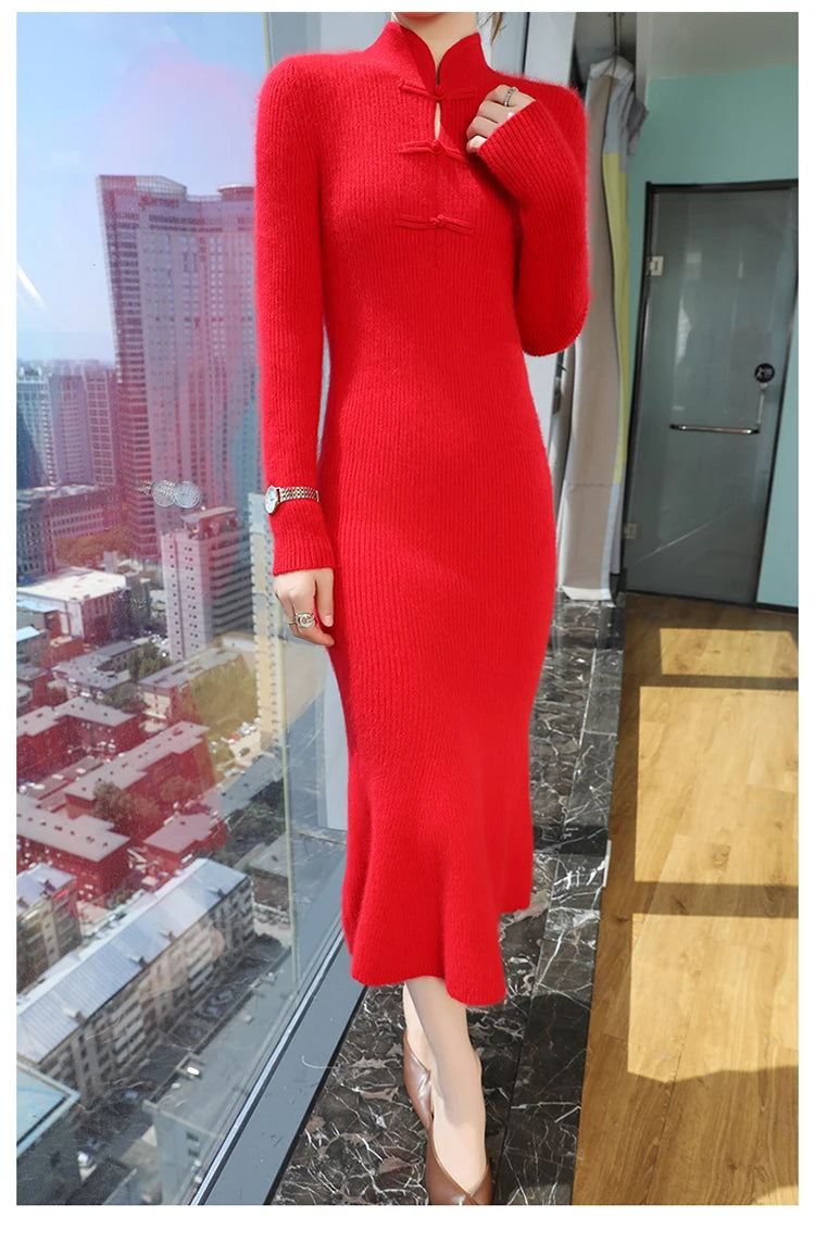 Stand Collar Ankle Length Fishtail Knit Dress for Women