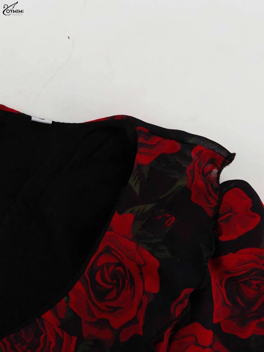 Oymimi Elegant Red Print Womens Dresses Fashion V-Neck Long Sleeve Button Dresses Casual High Waisted Ruffled Mini Dress Female