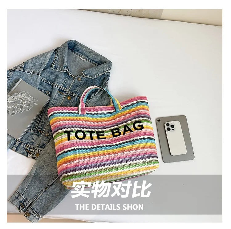 New straw woven bag, large capacity tote bag, crossbody striped letter contrasting beach bag