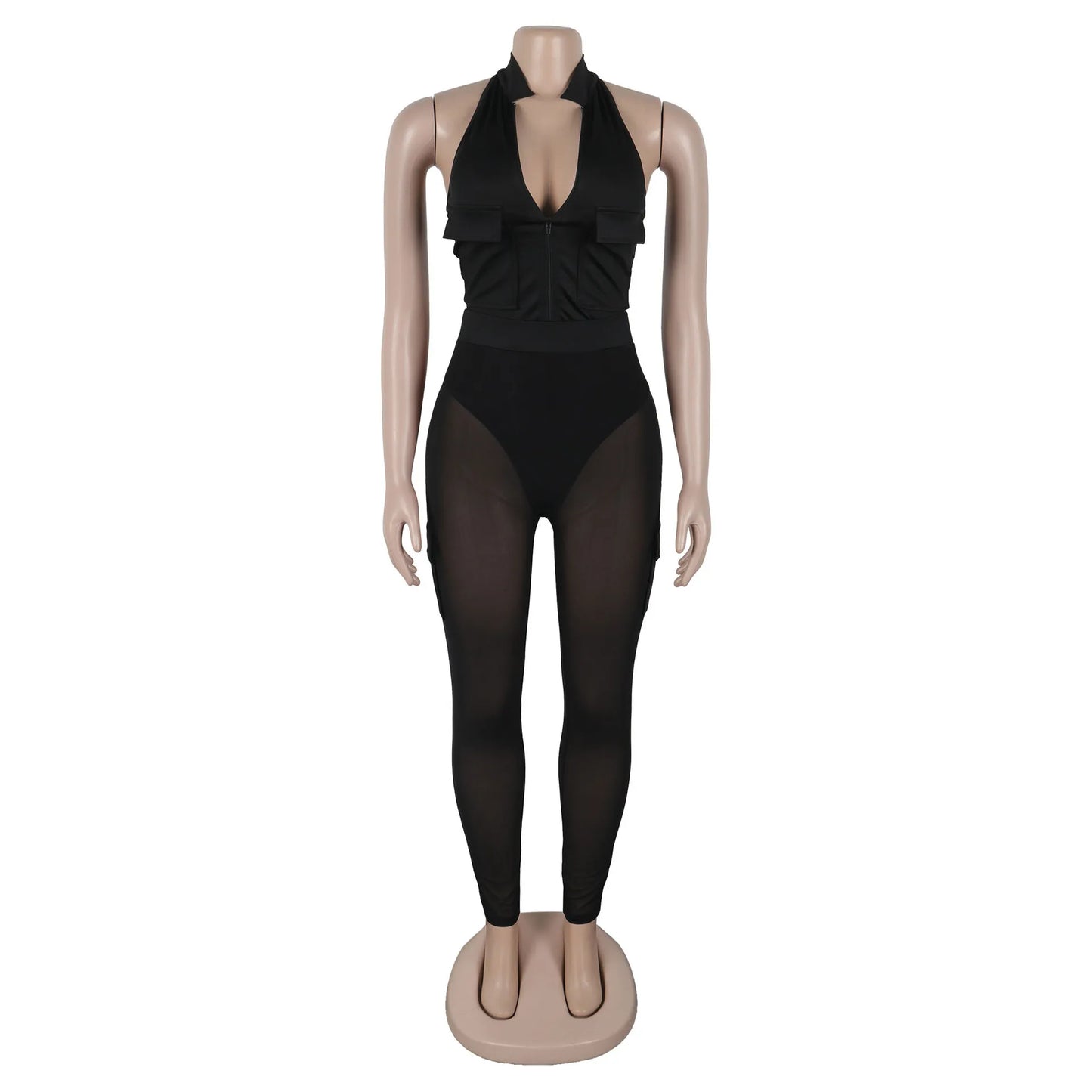 Solid Halter Neck Backless Sleeveless Zip Up Jumpsuit for Women