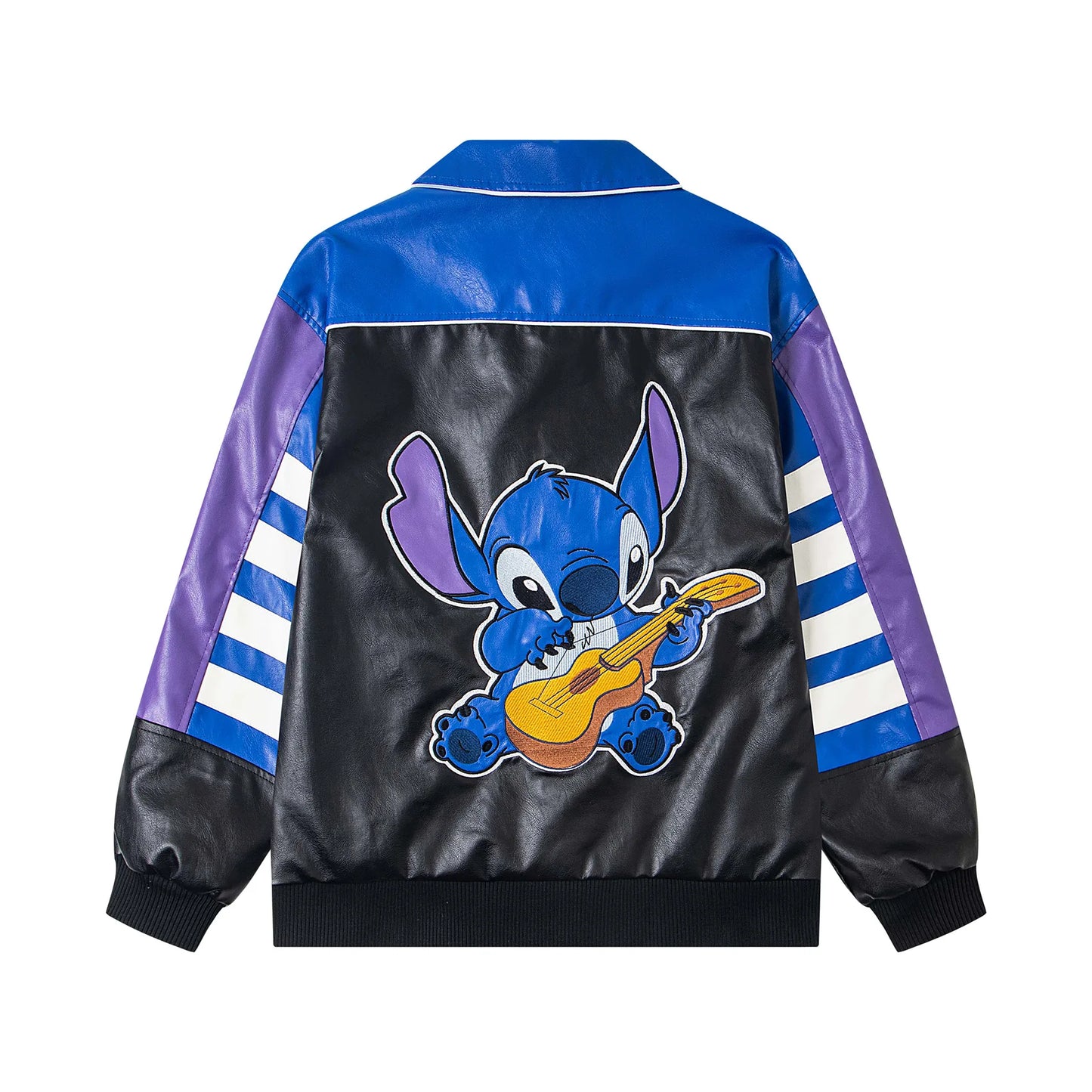 Trendy Cartoon Embroidery Color-Block Stand Collar Jacket Coat for Men and Women Autumn Winter Loose Casual Leather Jacket Coat