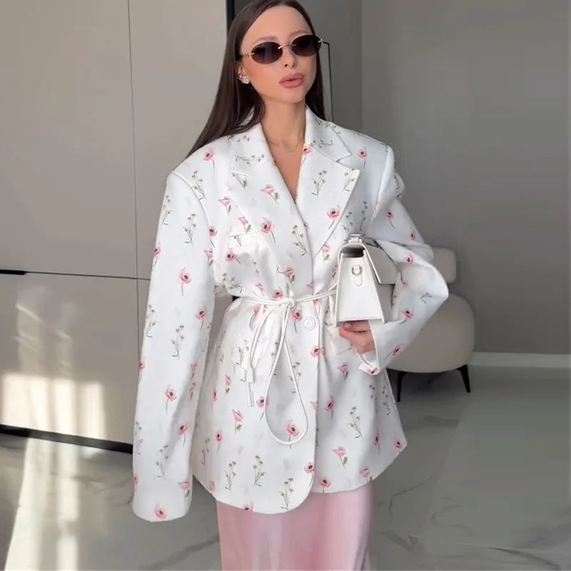 Printed Lace Up Casual Notched Blazer Jacket for Women