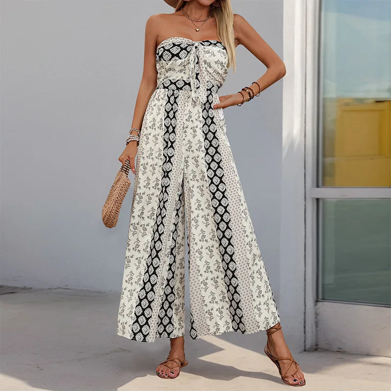 Printed Strapless Tube Top Tie Front Jumpsuit for Women