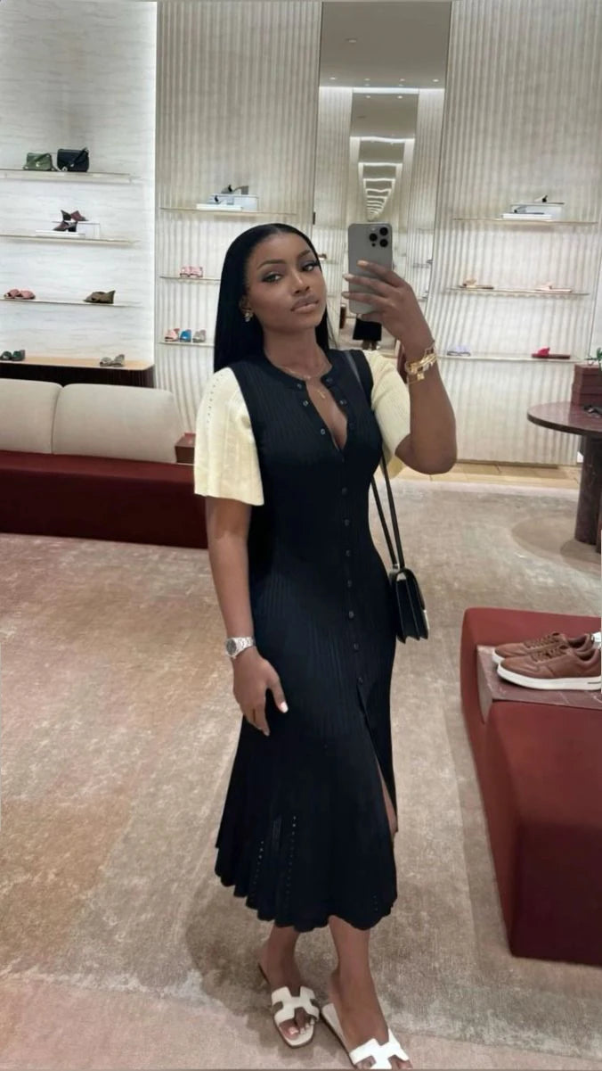 Elegant Pleated Hem Street Fashion O Neck Bell Sleeve Slim Knit Midi Dress 2025 Women Summer Beach Swimsuit Cover Up Tunic A3055