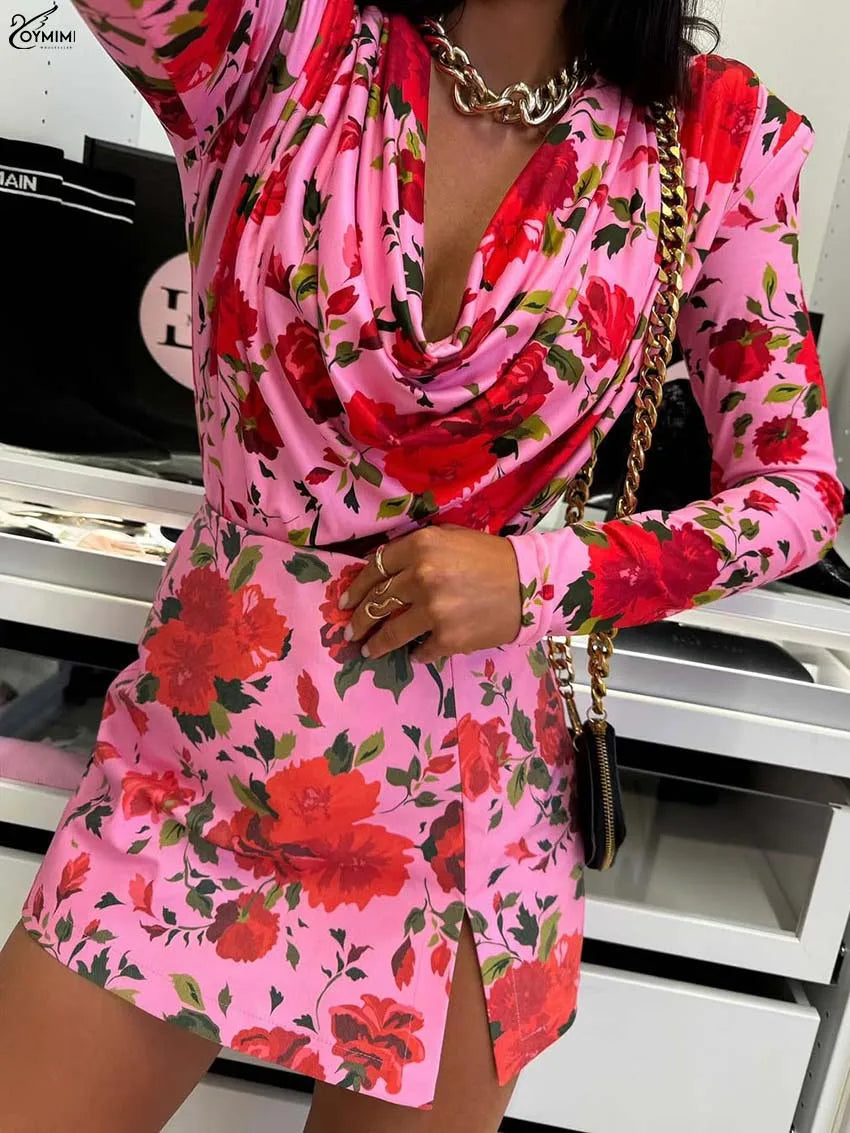 Oymimi Elegant Pink Print 2 Pieces Set For Woman Fashion V-Neck Long Sleeve Slim Tops And High Waist Side Slit Shorts Skirt Sets