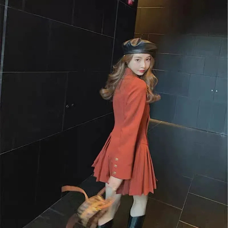 Elegant Double-Breasted Suit Dress Skirt Style Polyester Fiber Full Sleeve Regular Neckline Empire Waist Midi Length Dress