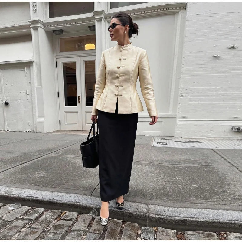 Chinese Knot Stand Collar Long Sleeve Jacket for Women