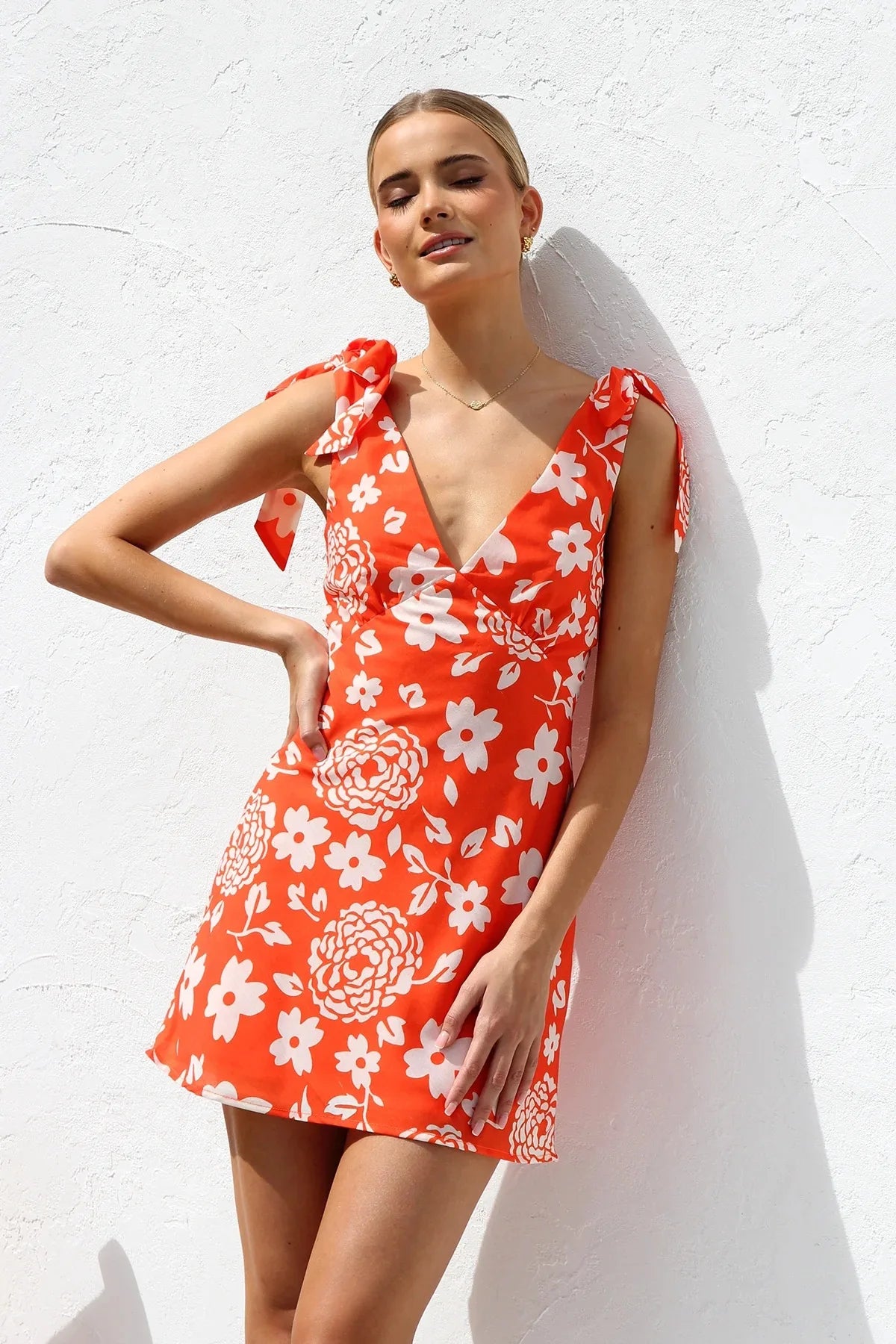 Print Sleeveless V-Neck Backless Bowknot Mini Dress for Women