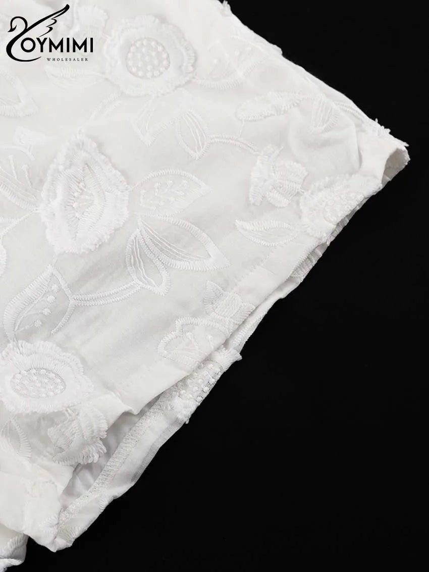 Oymimi Summer White Cotton 2 Piece Sets Women Outfit Casual Jacquard Button Wrist Sleeve Shirts And High Waist Shorts Female Set