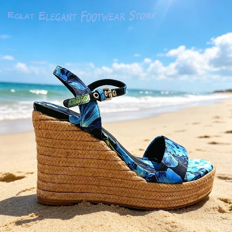 Vibrant Graffiti Print Leather Platform Wedge Sandals For Women