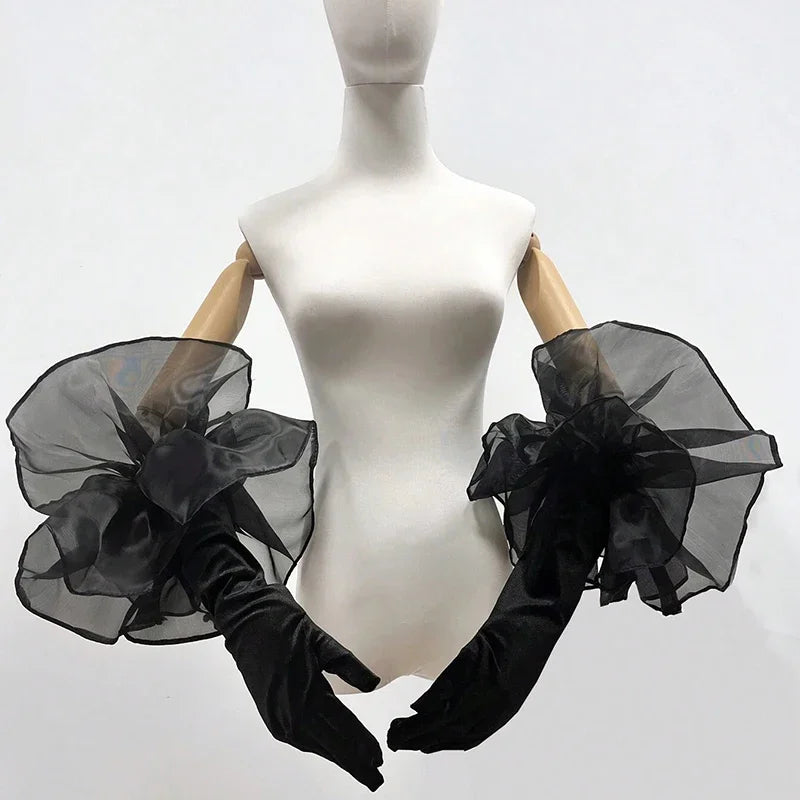 Elegant Velvet Elbow Length Ruffle Gloves for Women