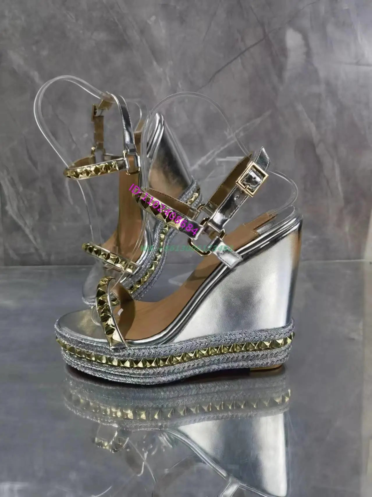 Design Women Summer Silver High Wedge Sandal Open Toe Gold Rivets Wedge Heel High Platform Slingback Buckle Strap Silver Sandal
