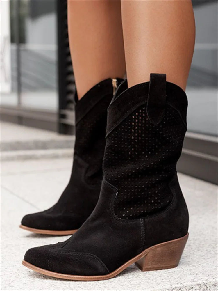 Floral Print Suede Round Toe Med Wedge Boot for Women