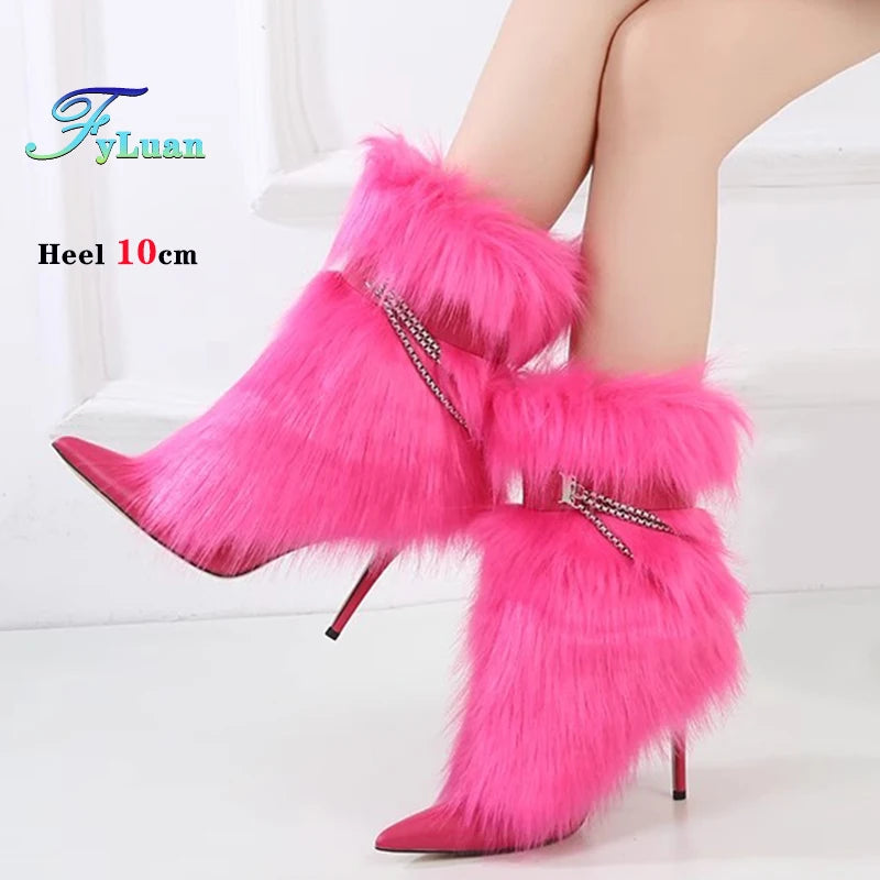 Fuchsia Faux Fur Buckle Ankle Boots