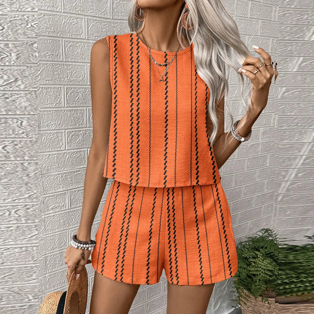 Vertical Striped Crop Top And Shorts Two Piece Set for Women