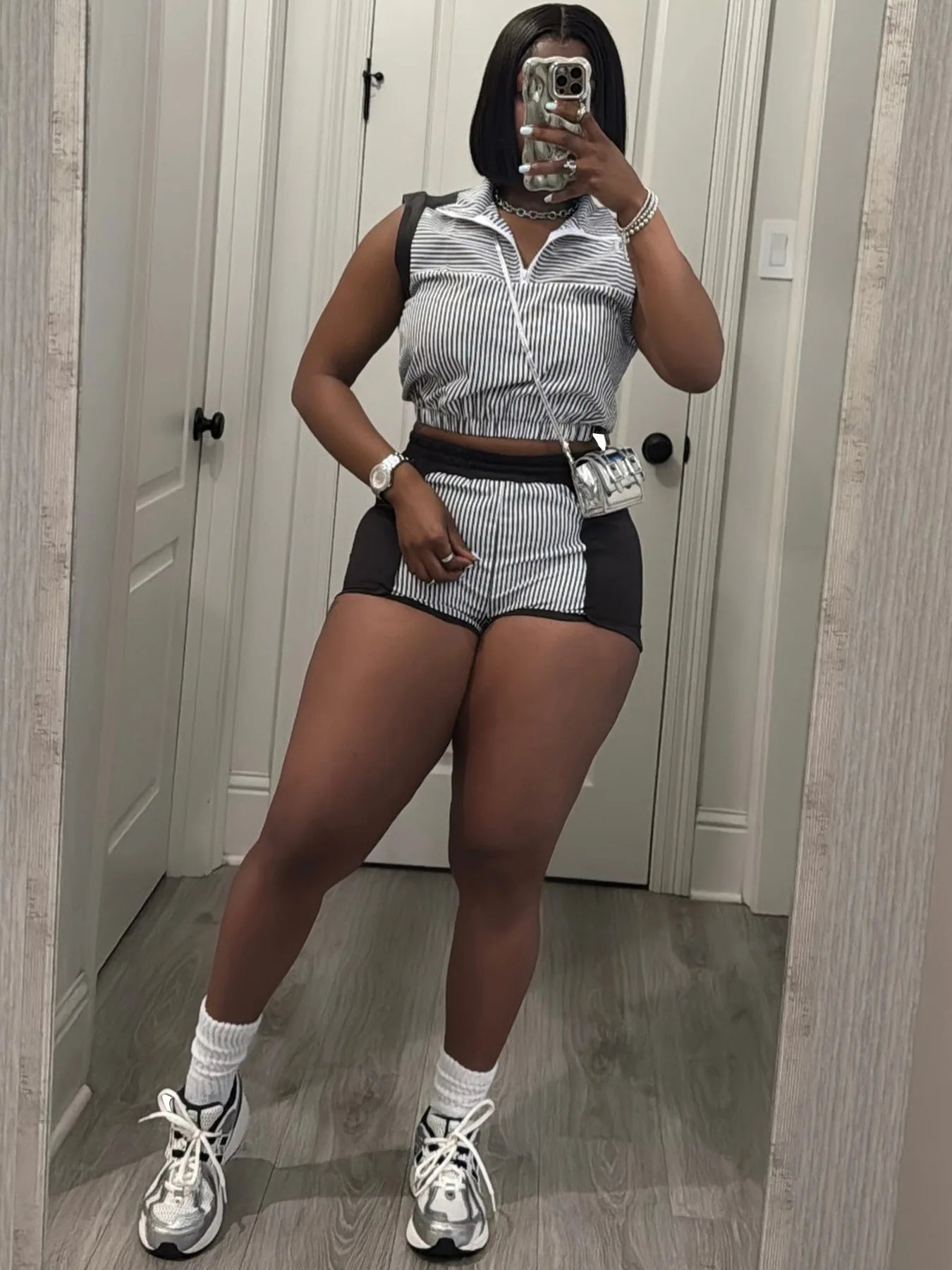 Striped Patchwork Crop Top and Shorts Set for Women