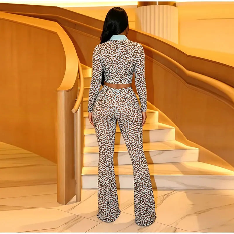 Leopard Print Stand Collar Casual Two Piece Set For Women