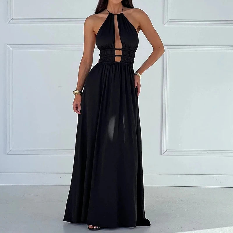 Halter Neck Hollow Pleated Solid Maxi Dress for Women