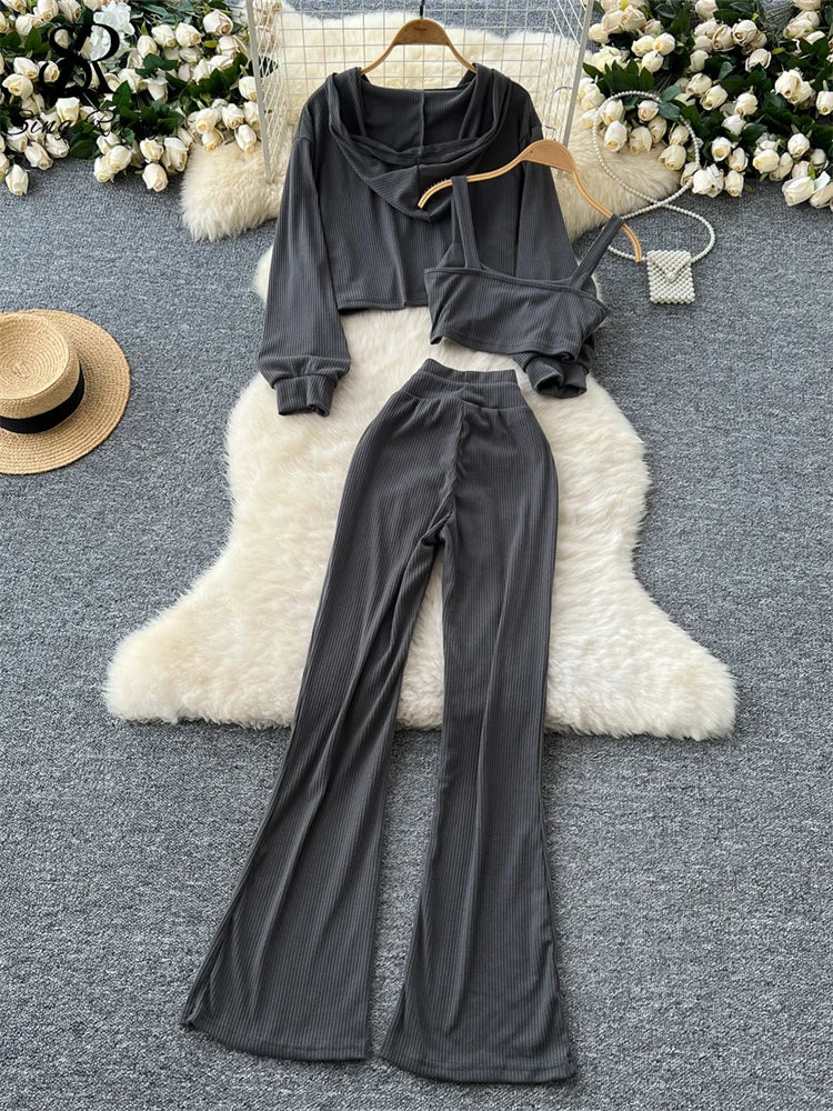 Sporty Three Piece Hoodie, Camisole and Pants Set for Women