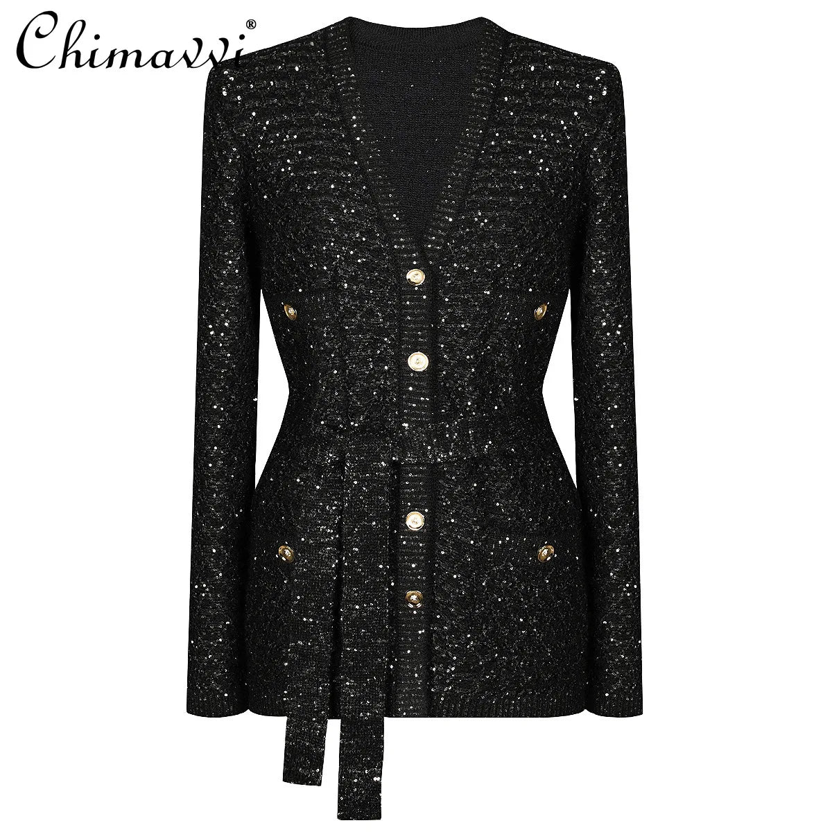 2025 Spring and Autumn New High-end Fashion Long-sleeved Sequined Knitted Cardigan Elegant Commuter V-neck Cardigan Top Jacket