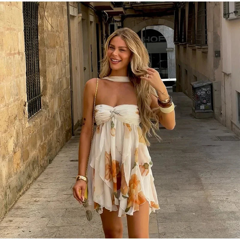 Sexy Ruffle Printed Backless Mini Dresses Lady Chic Sleeveless Off Shouder Pleated Short Vestido 2025 Summer Party Beach Robe