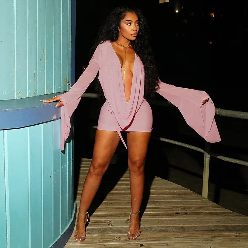 FAGADOER Sexy Mesh See Through Mini Bodycon Dress Women Long Sleeves Deep V-neck Irregular Dresses Female Streetwear Vestidos