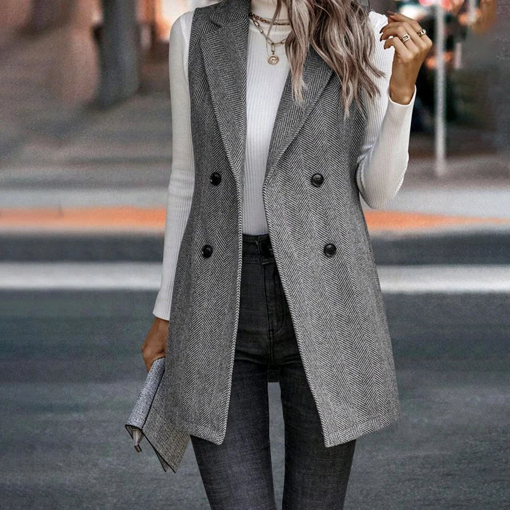 Women's Elegant Turn Down Collor Sleeveless Buttons Vest Blazer Coats Mid-Jackets Winter Ladies Office Work Outwear Outcoat S-XL