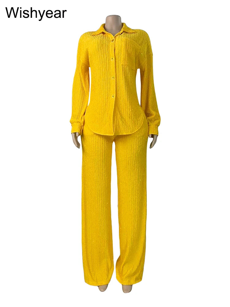 Yellow Sequin Two Piece Long Sleeve Pants Set for Women