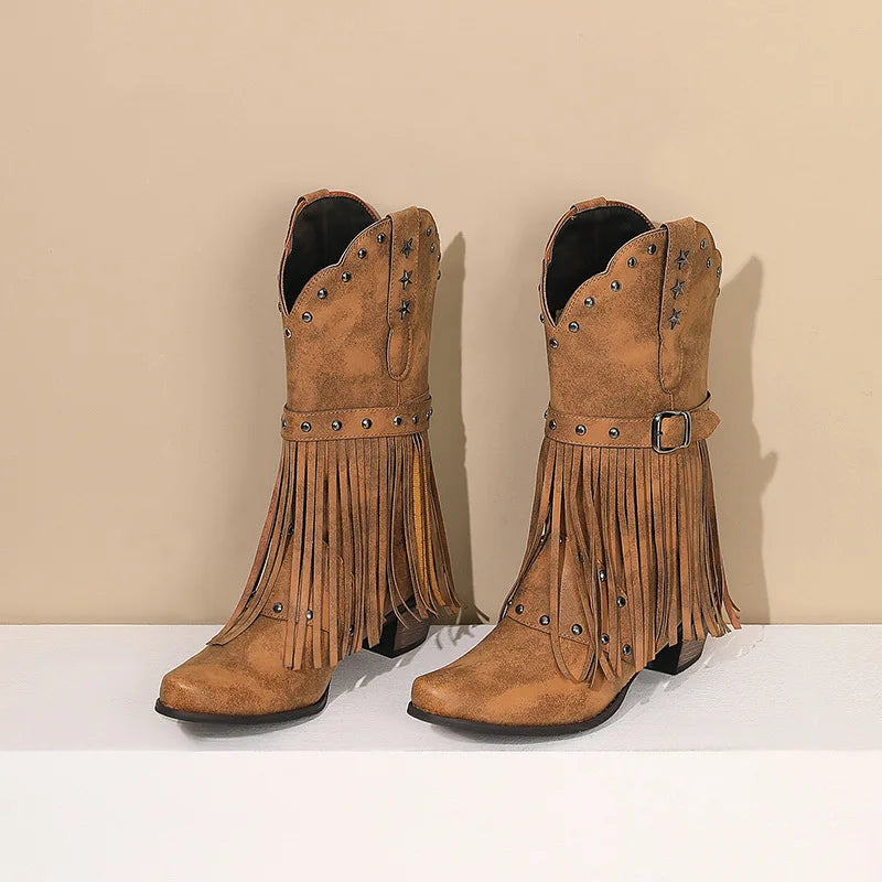 Western Fringed Riveted Block Heel Knee Boots for Women