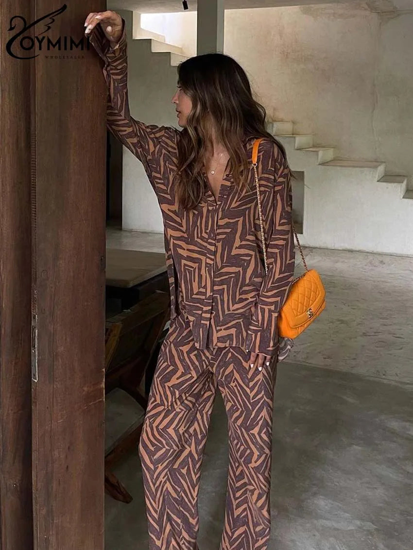 Oymimi Casual Brown Print Sets Womens 2 Piece Elegant Long Sleeve Button Side Slit Shirts And High Waisted Straight Trousers Set