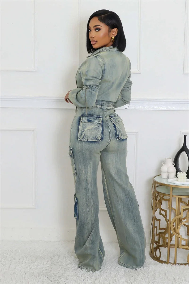 Streetwear Denim Crop Top And Cargo Pants Set for Women
