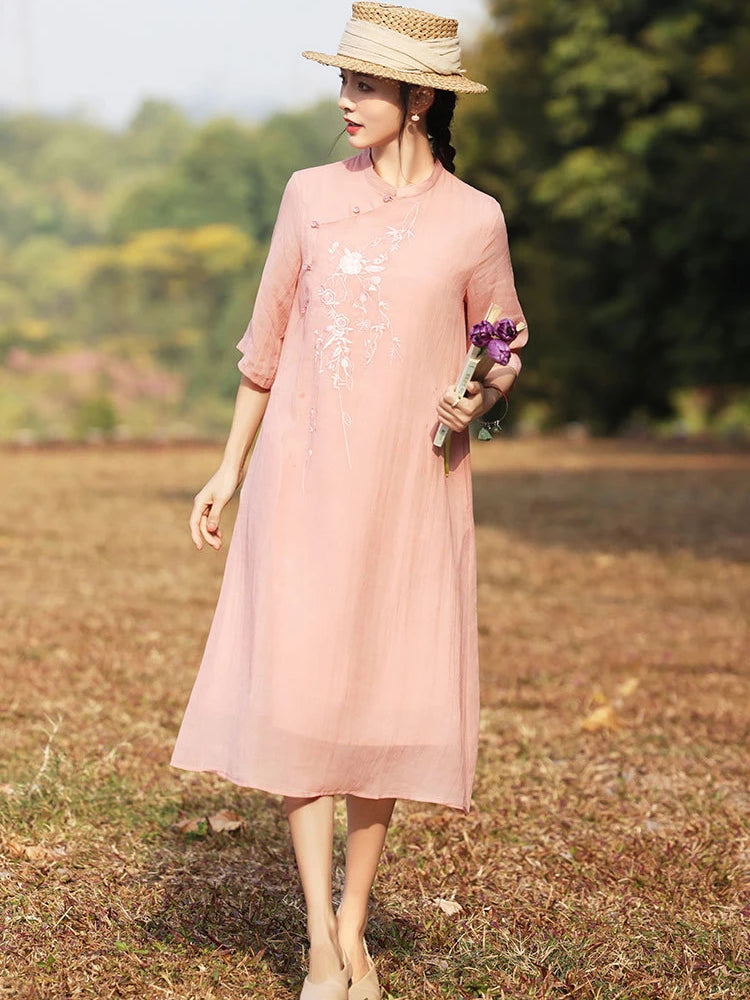 Elegant Floral Embroidered Ramie + Cheongsam Dress + for Women