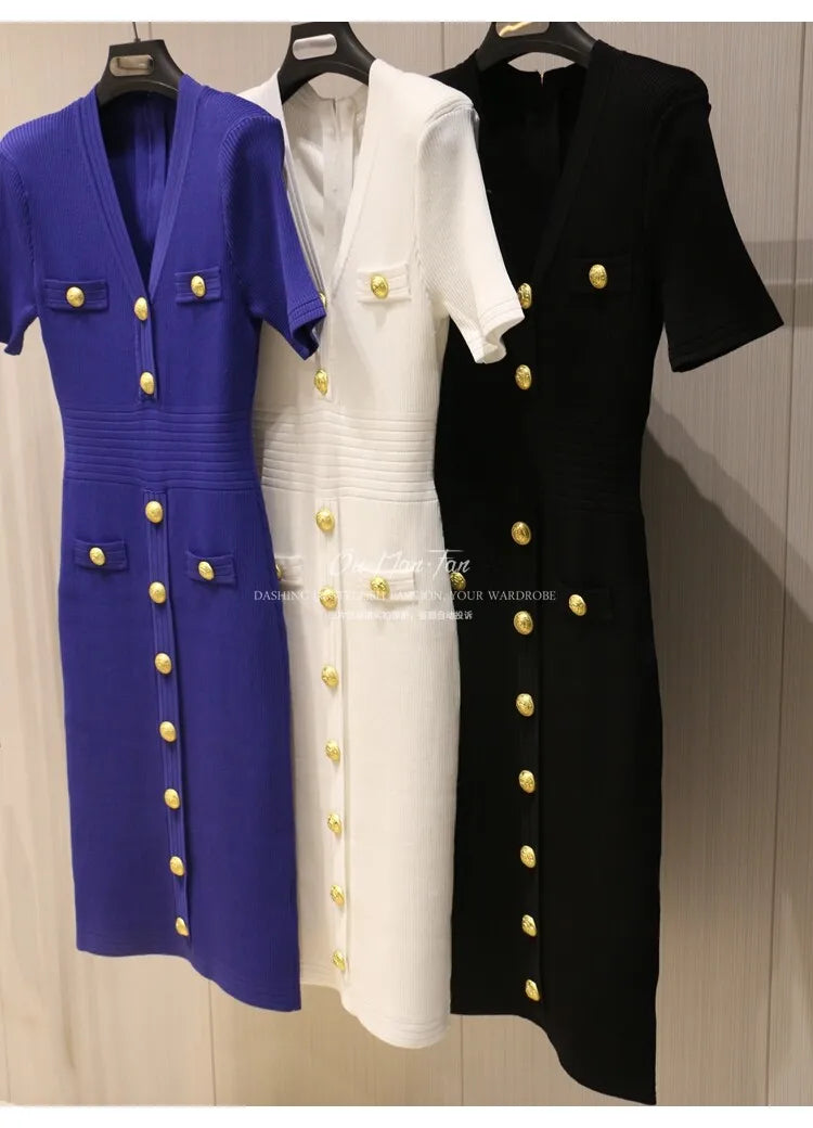 2026 Summer Fashion V-neck Metallic Buckle Knit Bodycon Midi Dress Women's Commute Slim Fit Elegant Short Sleeve Dresses