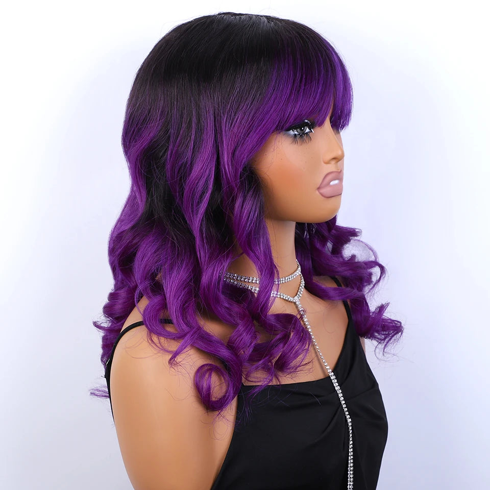 Long Purple Body Wave Human Hair Wig With Bangs for Women