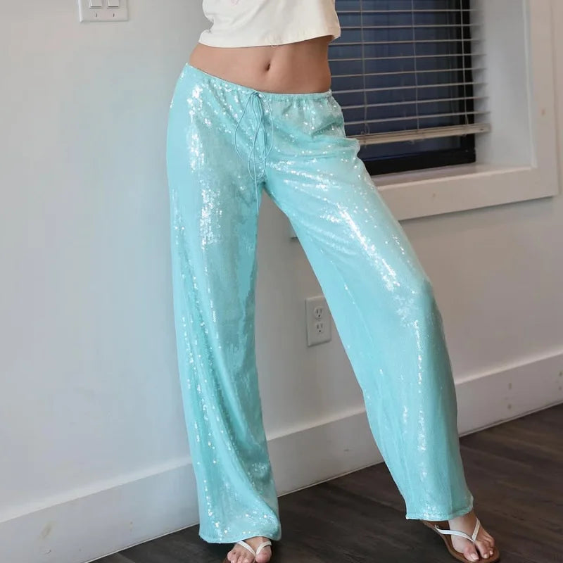 Casual Sequin Pants Women Loose Elastic Waist Wide Legs Trousers Female 2025 Spring Summer Fashion Chic Solid Streetwears Lady