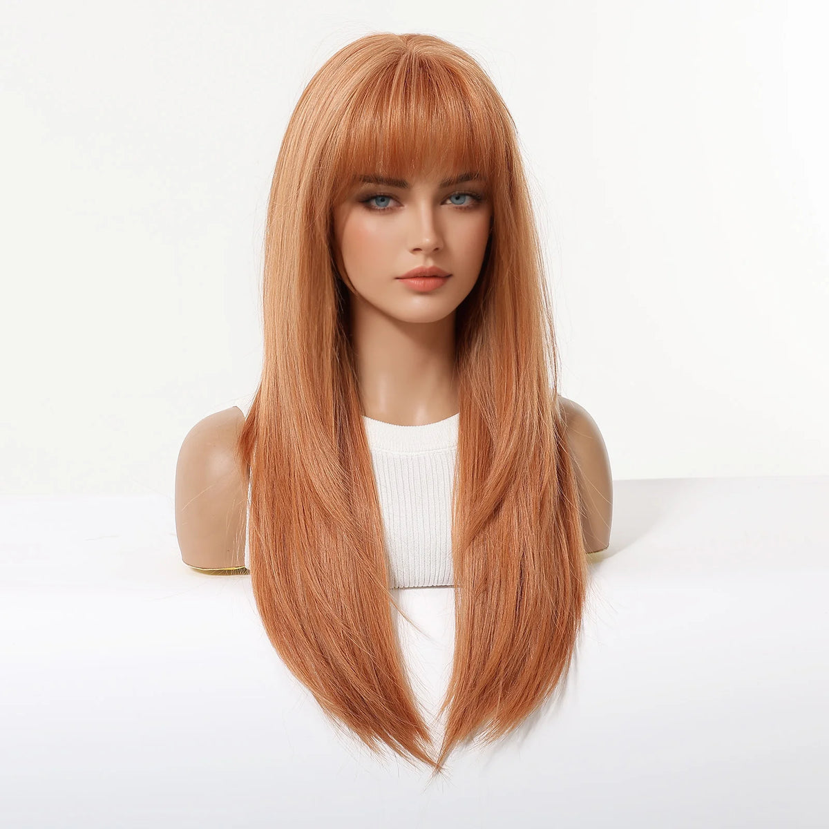 Long Layered Orange Straight Wig With Bangs for Women