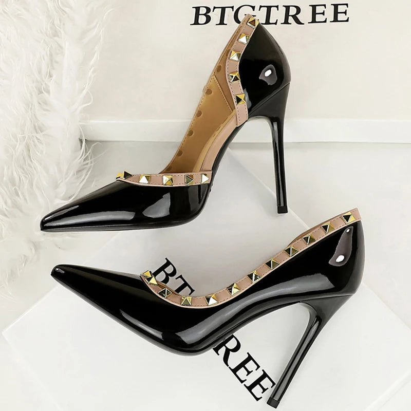 Rivet Detail Patent Leather High Heel Pumps for Women