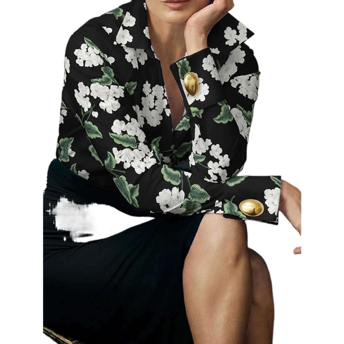 Floral Print Golden Button Blouse with Turn Down Collar for Women