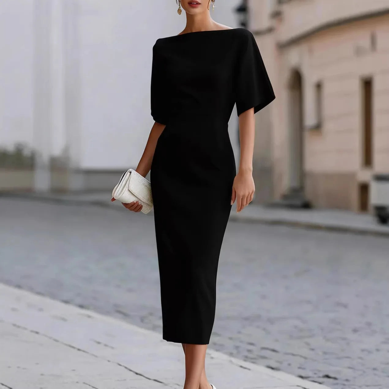 Elegant Office Midi Dress With Short Sleeves For Women