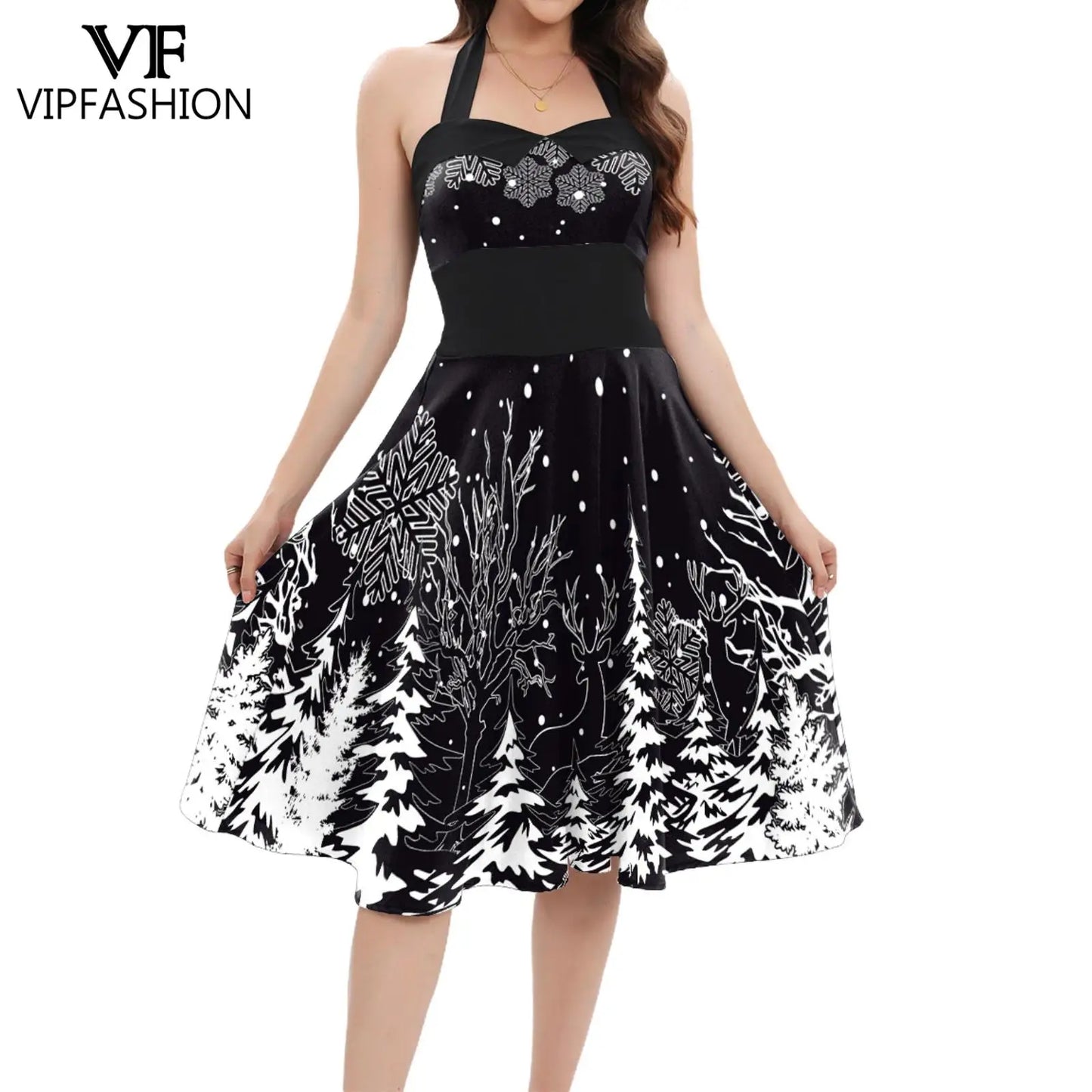 Festive Christmas Tree Print Elegant Midi Dress for Women