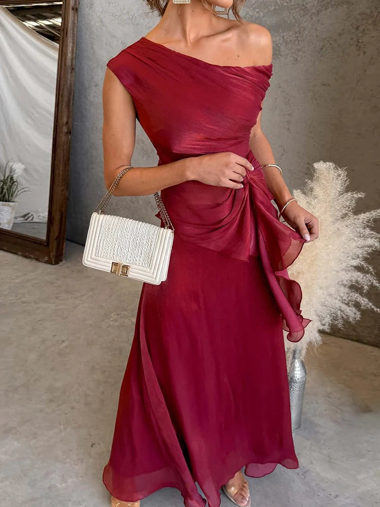Asymmetrical Collar Top and Maxi Skirt Set for Women