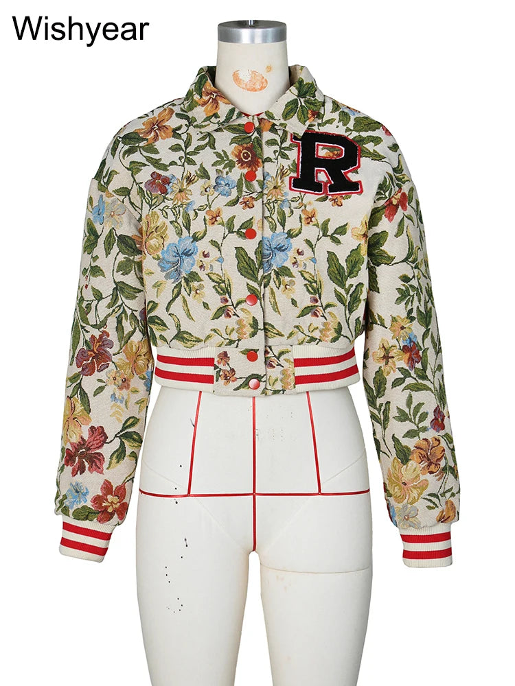 Vintage Print Button Up Baseball Jacket for Women