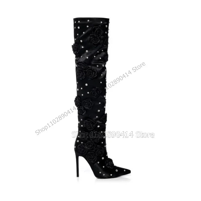 Black Silk Floral Applique Crystal Pointed Toe Thigh High Boots For Women