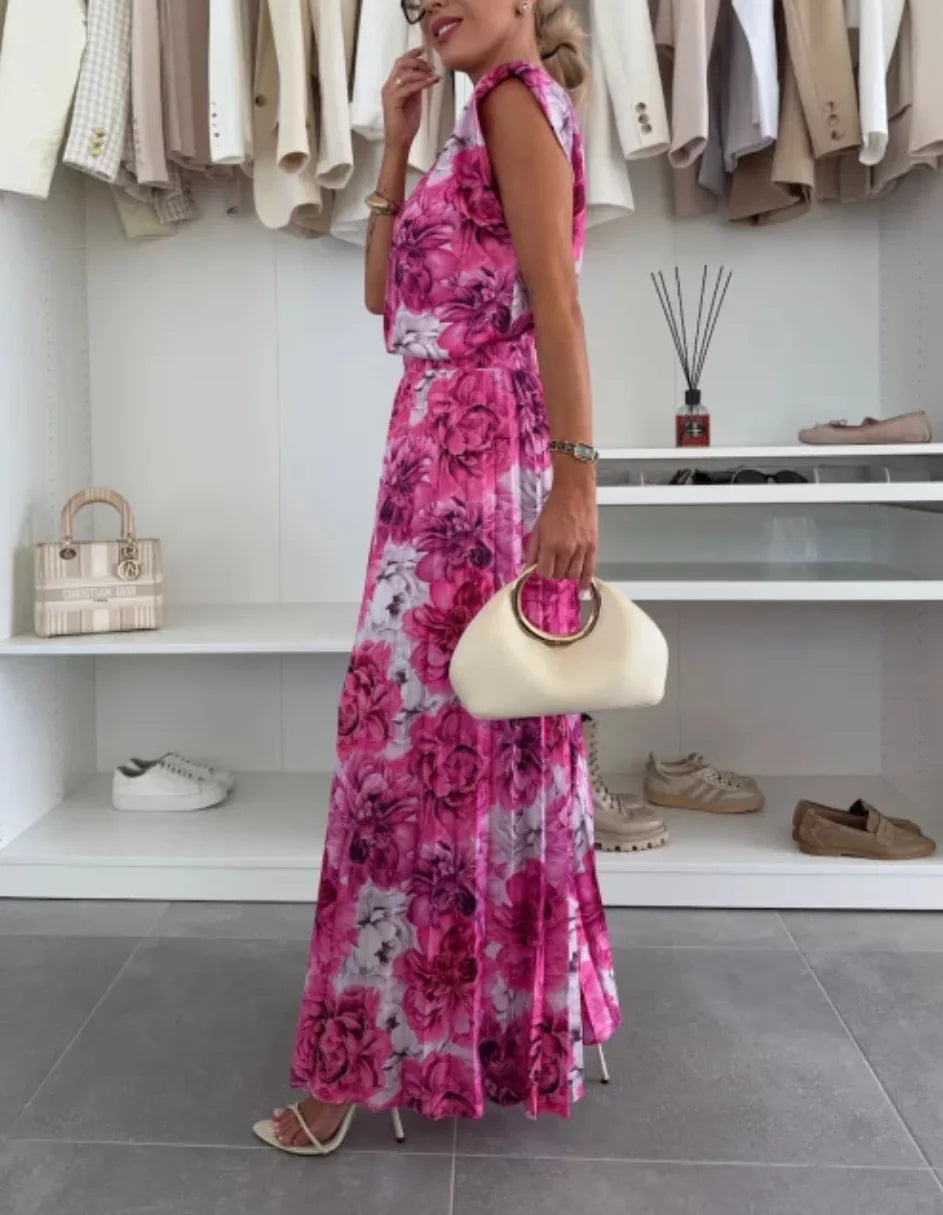 Pleated Sleeveless O Neck Top Wide Leg Pants Two Piece Suit for Women