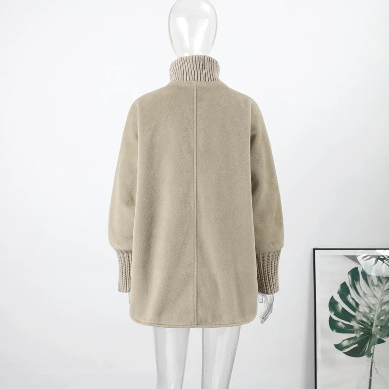 Loose Knit Fur Standup Collar Long Sleeve Pocket Cardigan for Women