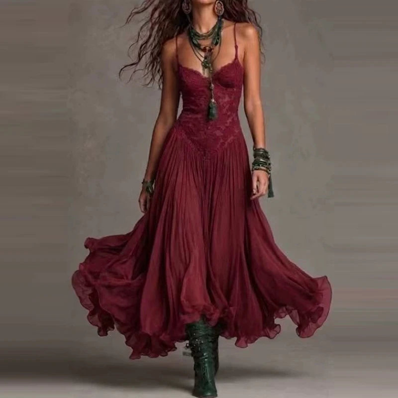 Backless V Neck Spaghetti Strap Maxi Dress for Women