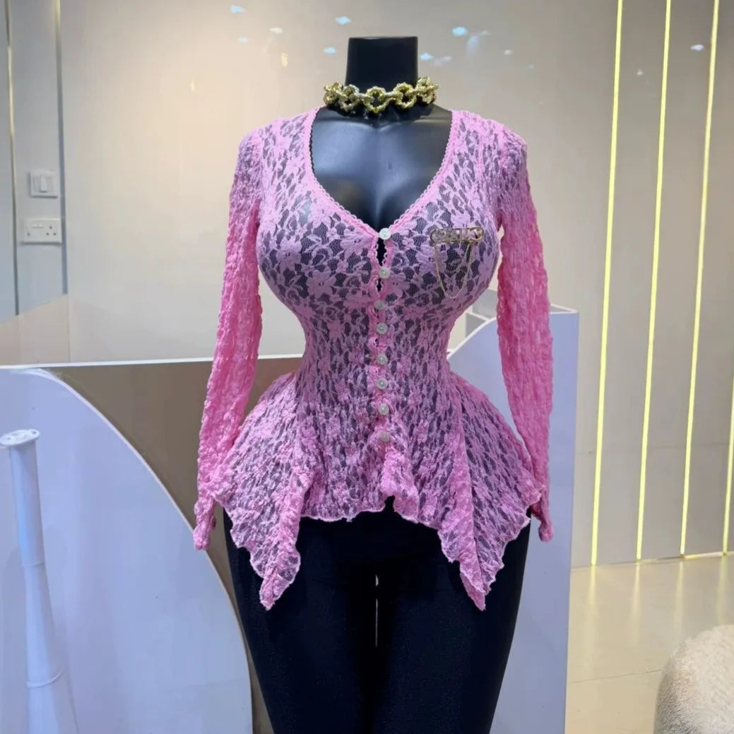 Floral Lace Sheer Button Up Peplum Blouse for Women